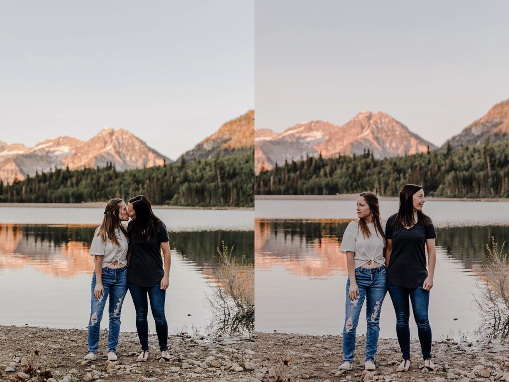 Two women leaning their heads together with mountains in the background at their american fork canyon anniversary session