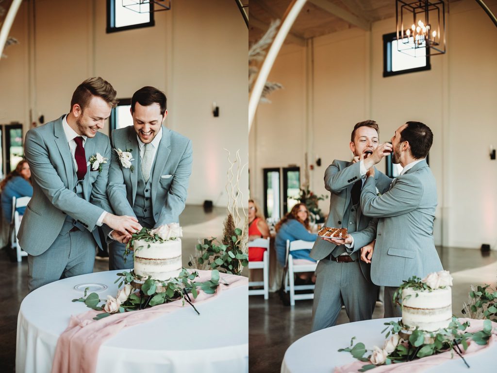 man and man feeding each other cake at their LGBTQ wedding