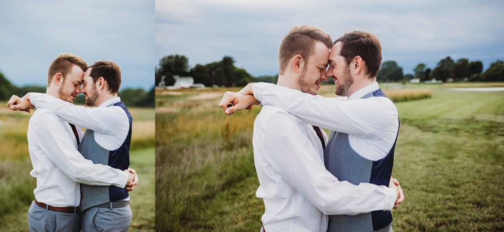 LGBTQ couple leaning their heads together at their elopement in Indiana