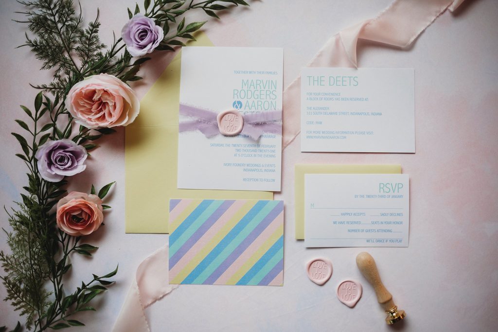 Lisa Marie Designs created a rainbow set of invitations for our indianapolis wedding venue styled shoot at the ivory foundry