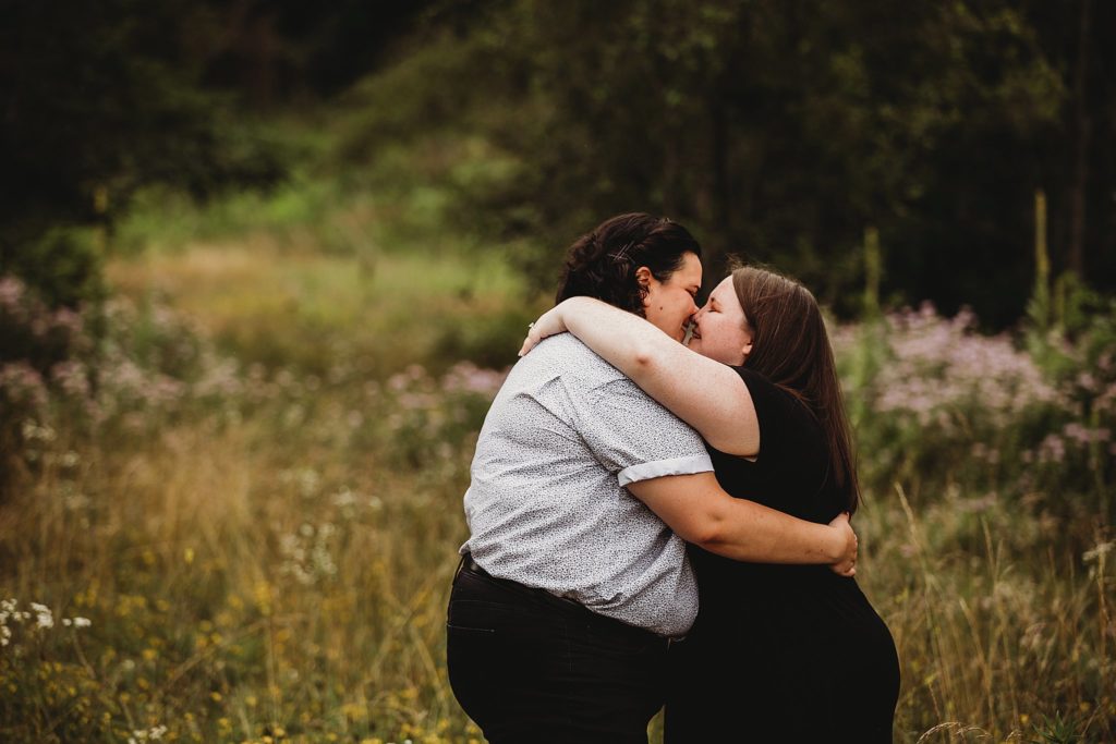 two women looking into one anothers eyes at their Indianapolis LGBTQ Engagement Session