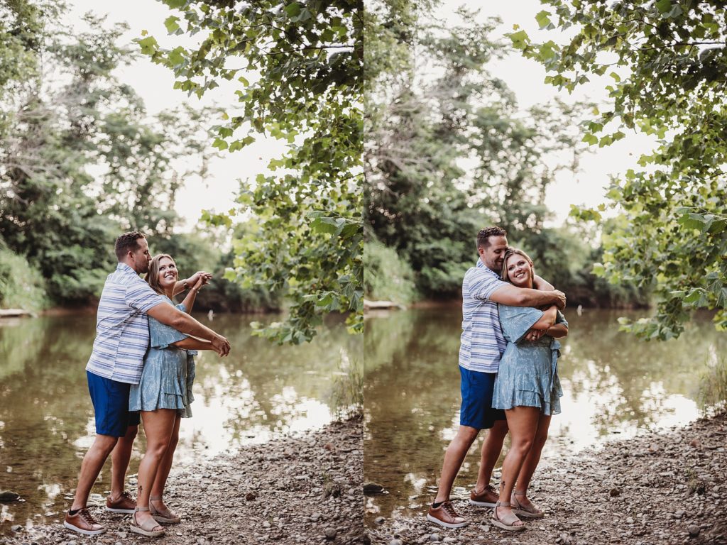 man hugs around woman at their indiana couples session in Lafayette, Indiana