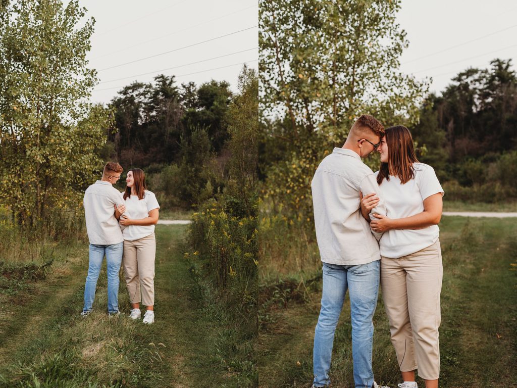 man and woman holding onto one another at their Fall Indiana Couples Session