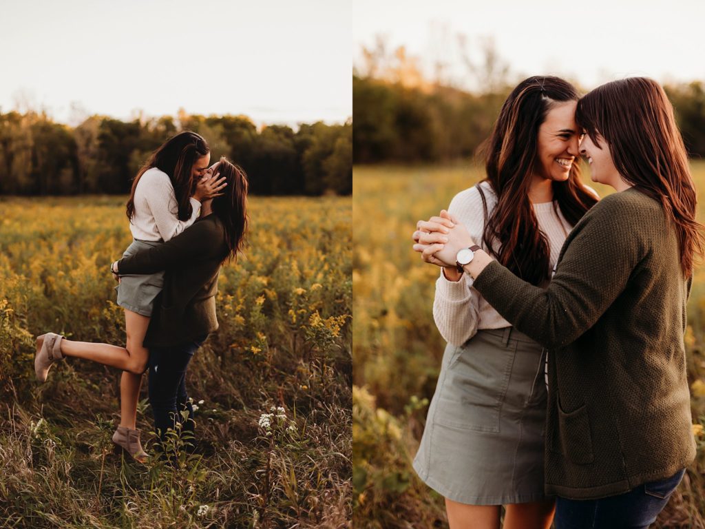 two woman kiss in a field of yellow flowers during their Chicago LGBTQ Couples Session