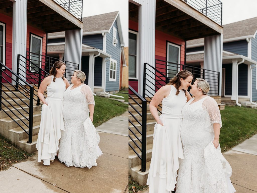 Two brides looking at each other at the Airbnb Here Comes The Sun in Indiy on their wedding day