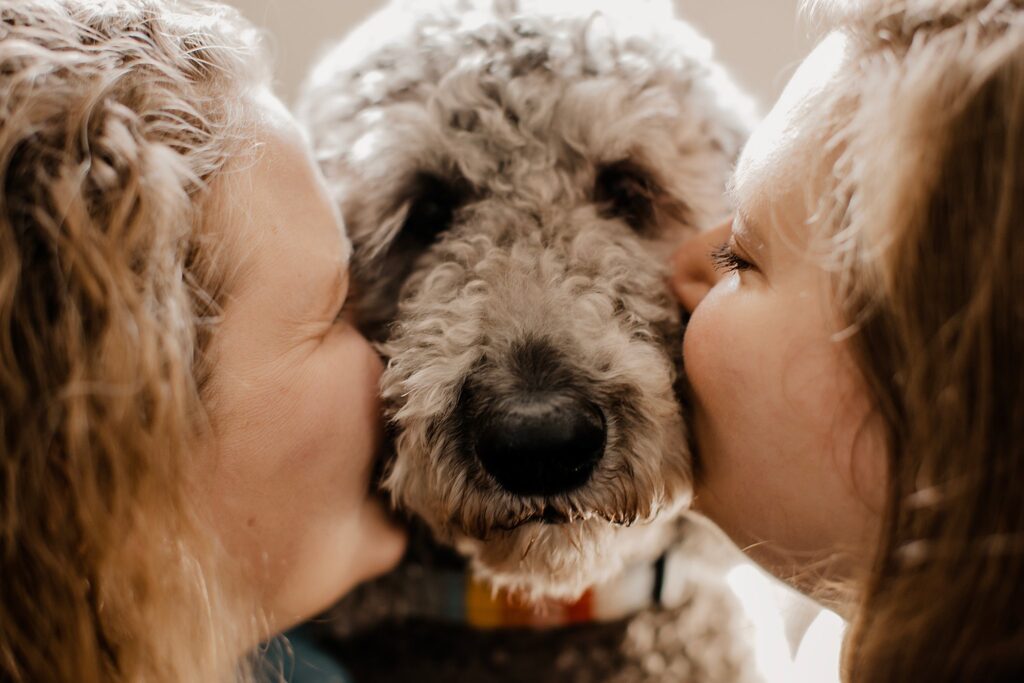 indianapolis indiana engagement photographer captures an lgbtq couple kissing their goldendoodle on the cheek at their engagement session in indianapolis, indiana 